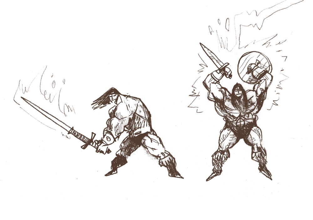 Two pencil sketches of an overly muscular figure in different poses. He is holding a great sword in one pose and a short sword and shield combo in the other. 