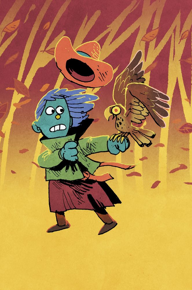 illustration of a person losing their hat in a gust of wind. They are holding a hawk on their left wrist, the hawk is also struggling against the wind. 