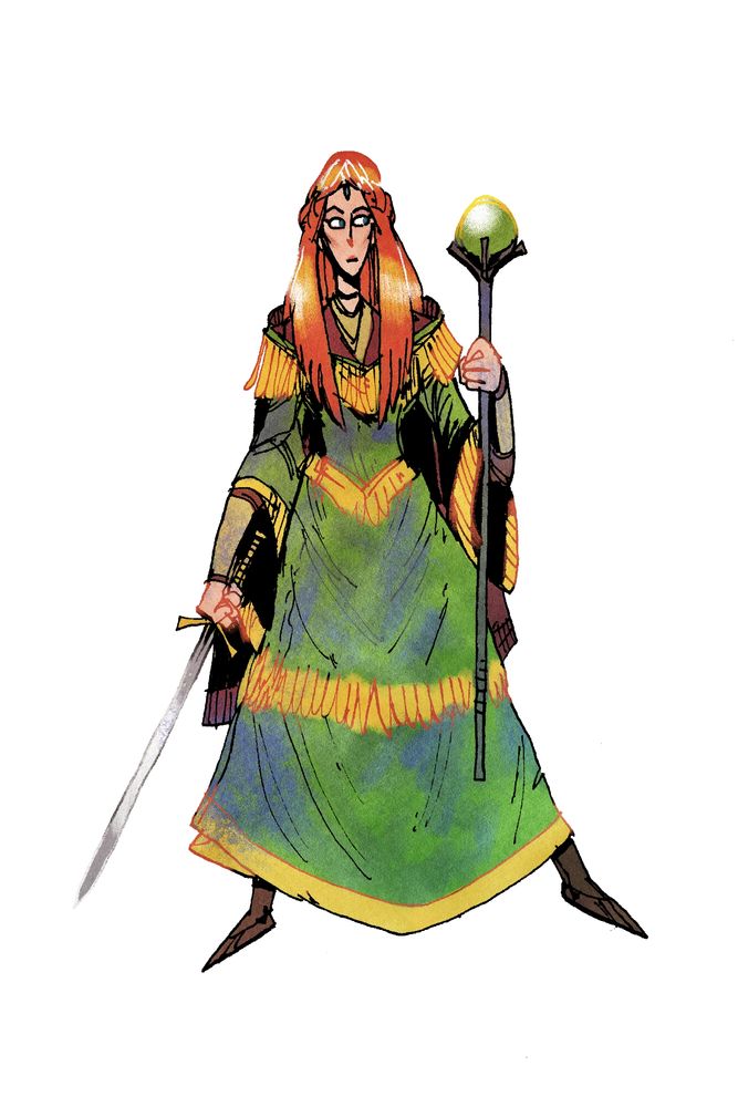 A drawing of a wizard, she is wearing a green and gold robe and holding a green scepter in her left hand and a sword in her right. 