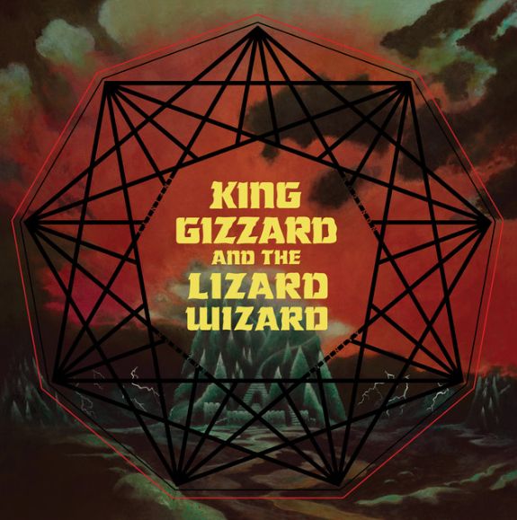 The album art for Nonagon Infinity by King Gizzard & The Lizard Wizard. The name of the band and an intricate geometric shape occupy the foreground of a dark red sky and some king of castle. 