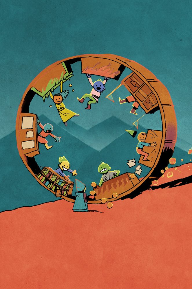 Illustration of a bizarre market inside of a large rolling wheel. There is a person in a blue robe standing still while the market people struggle to stay upright and make a sale at the same time. 
