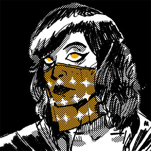 A black and white portrait with gold accents of a woman with long dark hair and sheer scarf over the lower half of their face. Their eyes glow gold. 