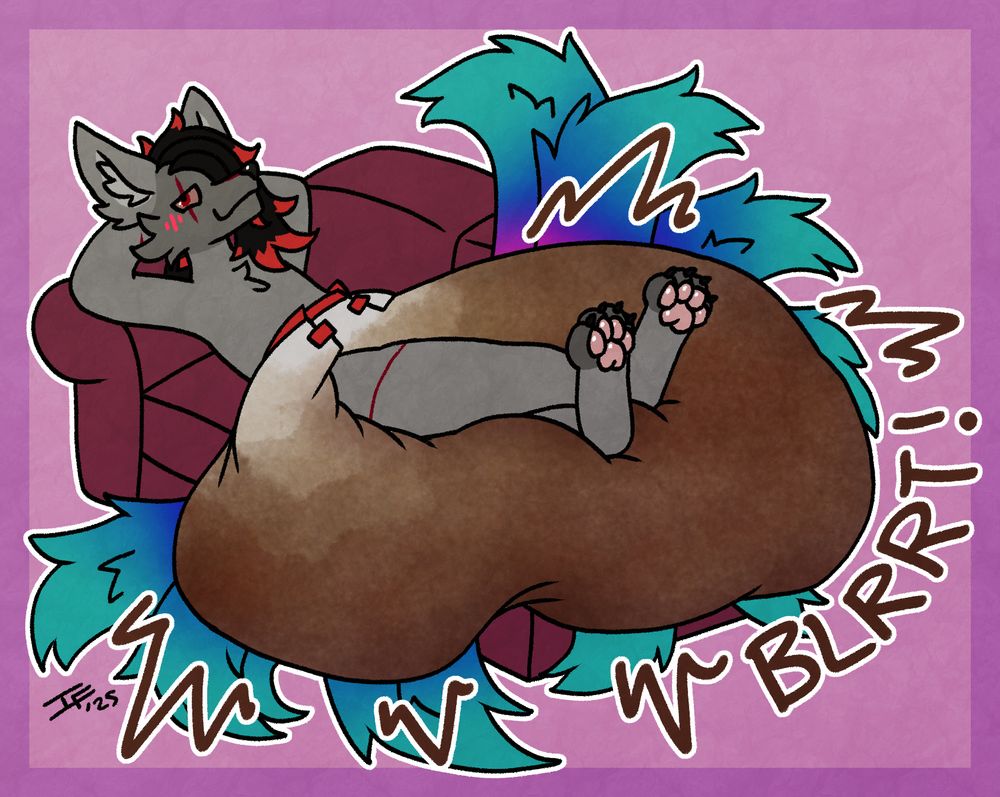 a kitsune on their back lounging on a couch, messing their diaper so much that it covers most of the couch and reaches the floor