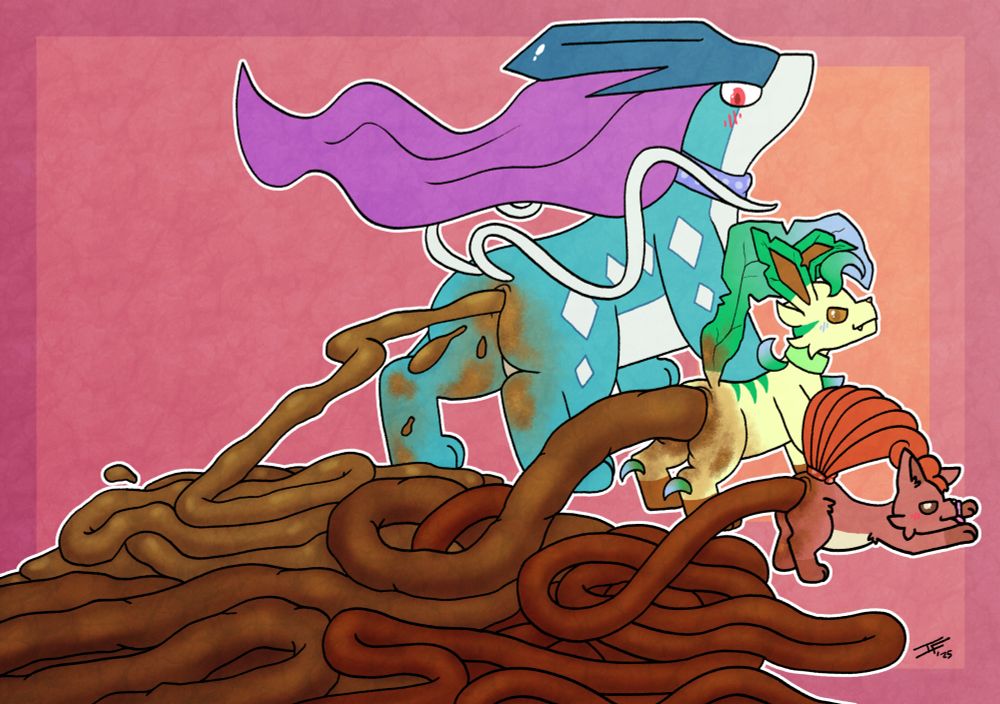 a suicune, leafeon, and vulpix hypershitting together