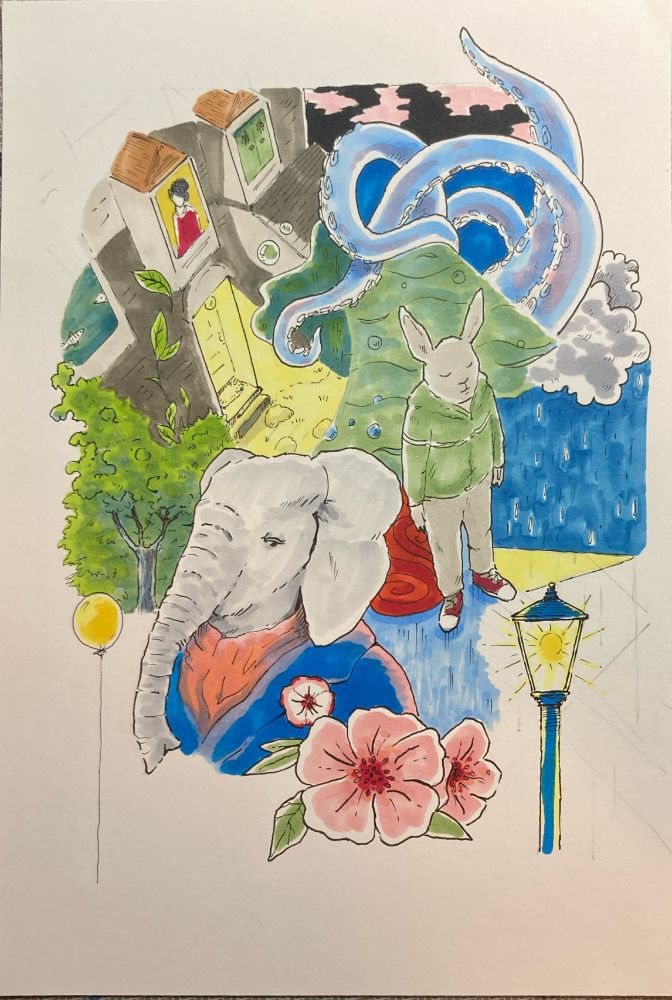 Sketch in ink and marker of - many things including an elephant, some blossoms, a bunny, rain clouds, and a lamp. And maybe an octopus.