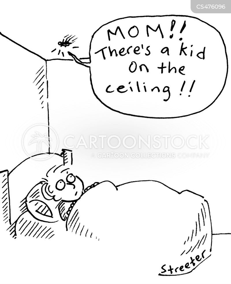 Brainwaves cartoon by Betsy Streeter in which a kid in bed looks up at a spider who is yelling, "Mom! There's a kid on the ceiling!!"