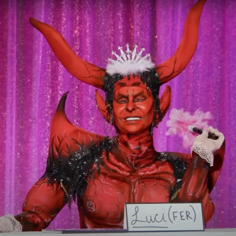 Drag queen, Trinity the Tuck Taylor, dressed up as Luci(fer) on RuPaul’s drag race all stars for the “snatch game” episode. Luci(fer) (her friends call her Luci) is characteried as hyper flamboyant, joyful, and joking. 