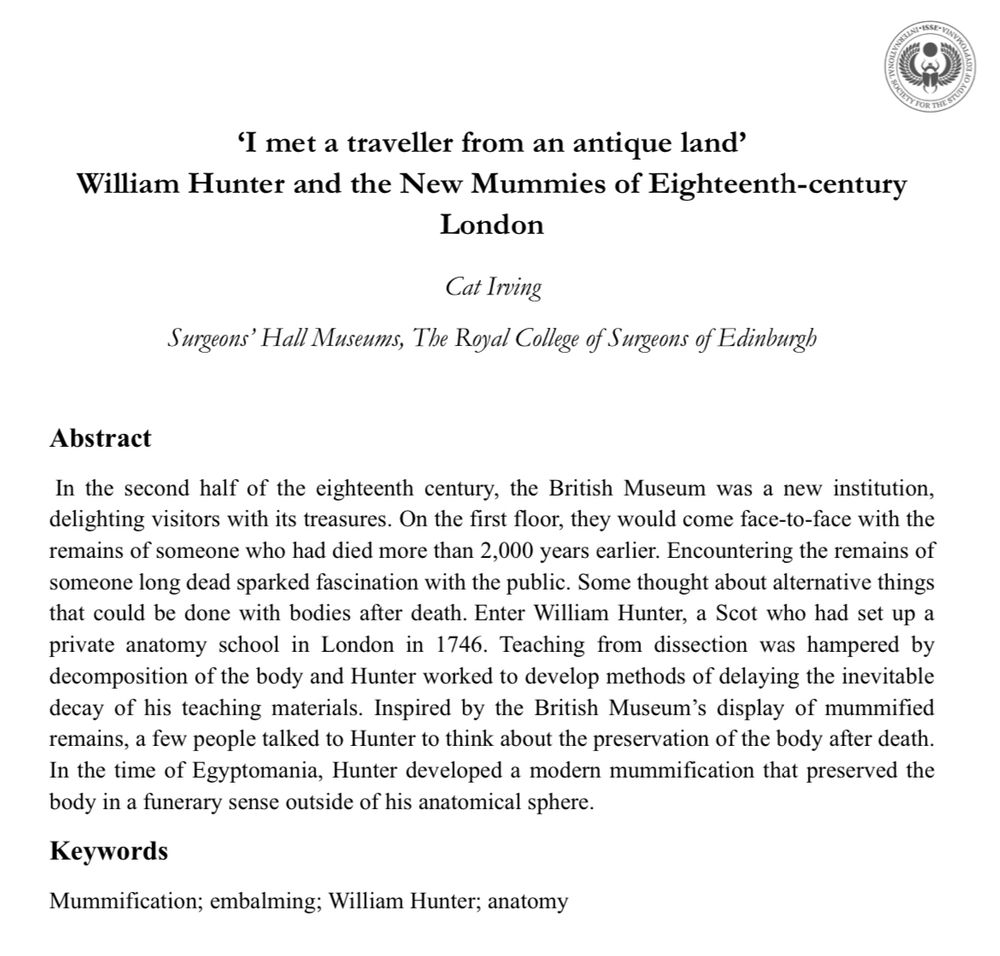 The opening of an academic paper called I met a traveller from an antique land. William Hunter and the new mummies of 18thC London, by cat Irving 