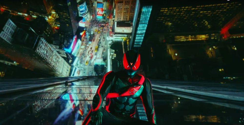 A screenshot from the teaser for Kamen Rider Zeztz, made with generative AI. Note the distortions in the building and road behind Zeztz here.