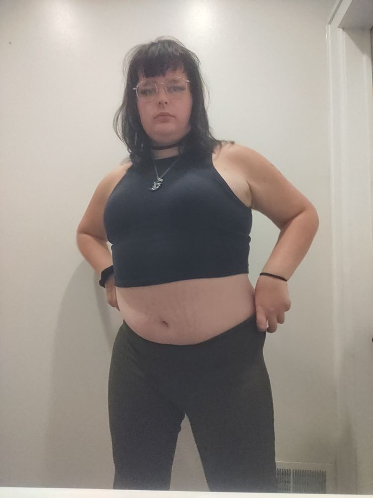me in the same fit as pic one, but you can see my belly and thighs in some green pants