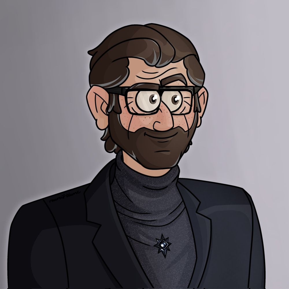 A drawing of David Tennant at the Gala Opening of "Plaza Suite" at The Savoy Theatre on January 28, 2024 in London, England, in front of a grey background. The artstyle kind of resembles Gravity Falls.