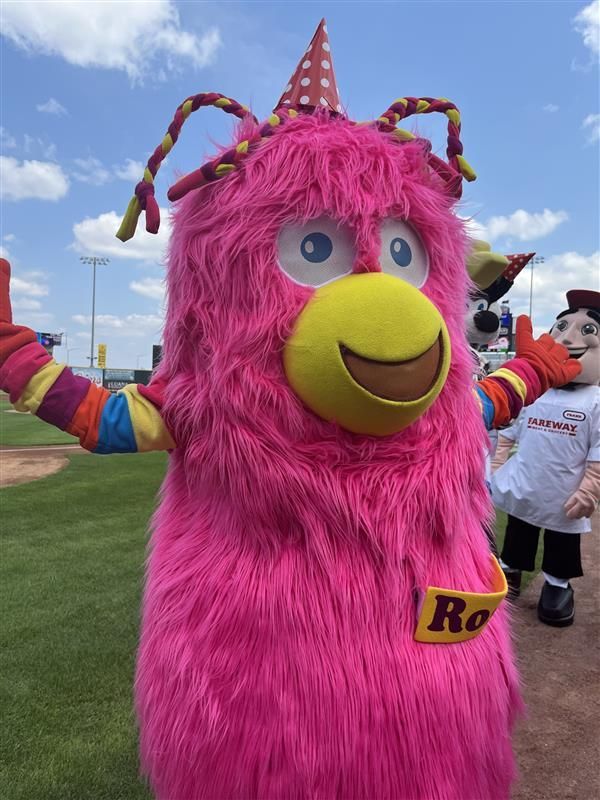 Rosie stands on the baseball field with her arms wide wearing a polka dot birthday hat.