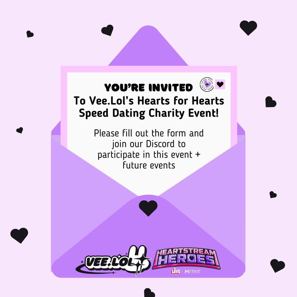A soft pink background displays a letter that is an invitation.
It reads "You're invited, to vee.lols hearts for hearts speed dating charity event. Please fill out the form and join our discord to participate in the event and future events"