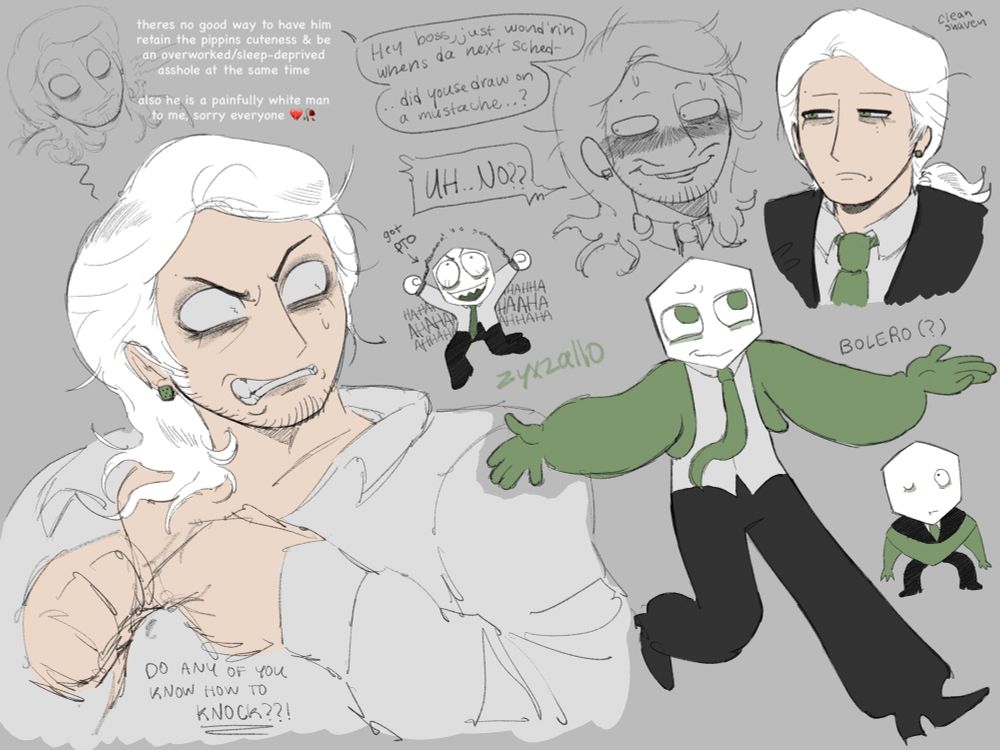 a big page of digital sketches. the page mostly consists of my own interpretation of the green pippin as a human