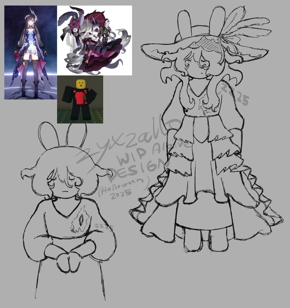 a digital, uncolored sketch version of a currently in-progress halloween outfit design for alaive. in the top left corner are three overlaid images of characters that are the primary inspiration for the costume