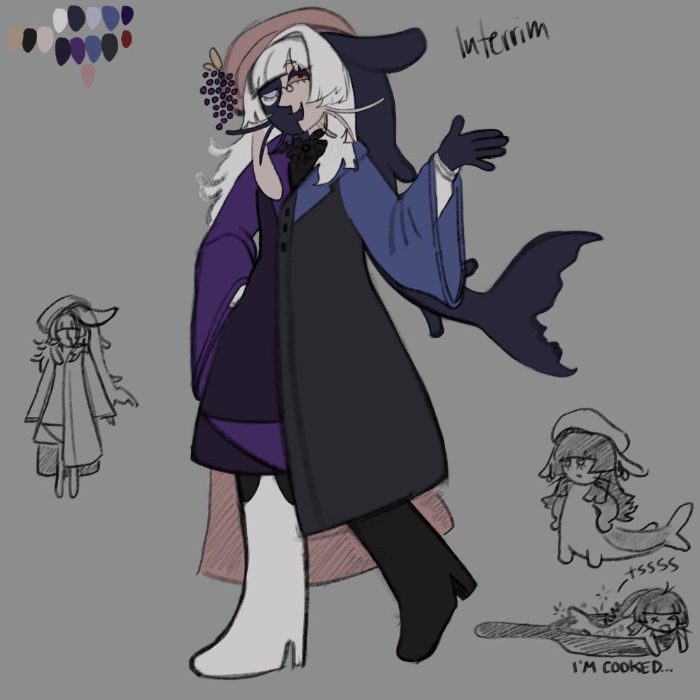 a fullbody, flat colored drawing of an alternate version of my fish persona combining both meso and hadal into one person. their face is split into halves: their right side is a light tan with pink eyes and red irises; their left side is a dark blue with periwinkle eyes and deep blue irises. a long, dark blue fish tail protrudes from the left side of their head, partially covered by a large beret, and white hair cascades down their shoulders to about elbow length. they wear a long coat, split into a purple left side, blue right side, and a pale pink inner lining on the back side. they retain catfish whiskers from their two components, but  -unlike the two- their signature fruit accessory is a grape attached to their beret. currently, their name is "Interrim."
