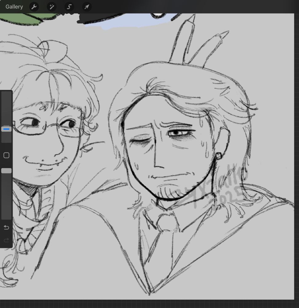 a digital sketch of my first draft of a human battat/green pippins, but it's a zoomed in screenshot of the canvas. the art from my oc x canon pages (one of which this screenshot is from) has yet to be posted here, but perhaps will be posted sometime in the future