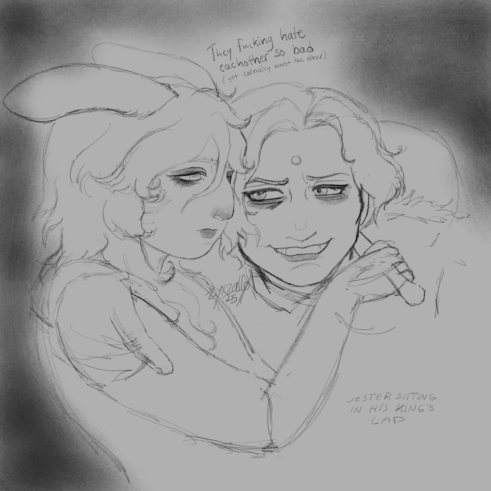 a very rudimentary digital sketch of alaive and emet-selch practically embracing. emet is smirking as he has one arm wrapped around alaive's shoulder as (not explicitly pictured here) the viera sits in his lap. alaive's ears are folded back and his expression is almost apathetic, ghosted by hints of anger and emotional turmoil as he wields a knife to emet's neck but struggles to follow through. the upper text reads: "They fucking hate eachother so bad (yet carnally want the other)". The lower text, intended as a theme for the sketch, reads: "JESTER SITTING IN HIS KING'S LAP".