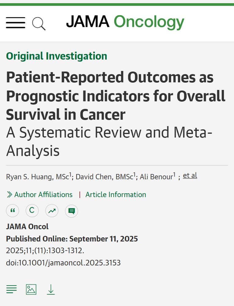 JAMA Oncology article titled, "Patient-Reported Outcomes as Prognostic Indicators for Overall Survival in Cancer: A Systematic Review and Meta-Analysis" by Ryan S. Huang et al., published online September 11, 2025.