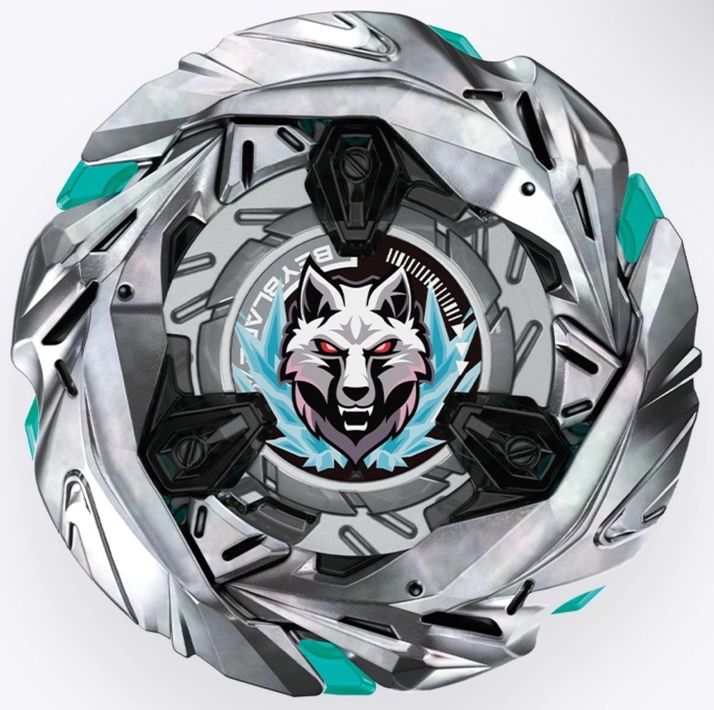 The Silver Wolf Beyblade from the Beyblade X UX line, complete with free spinning defensive wheel