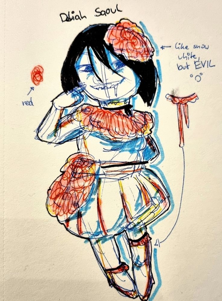 Old art of an old OC Delia Saoul

Text to the right says "like snow white but EVIL" with a shocked faced doodled next to it.
Text to the left says "left"