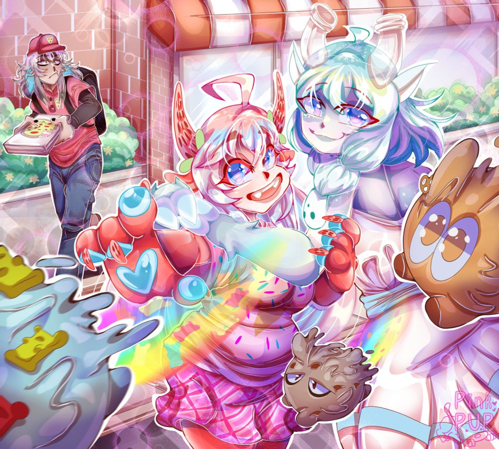 In the foreground three ice cream dog blobs fly by with rainbow trails. My characters Starberry and Milkstar are hugging and Starberry is pointing at the flying ice cream dogs. Belle is delivering pizza in the background, looking at all the action from a distance.