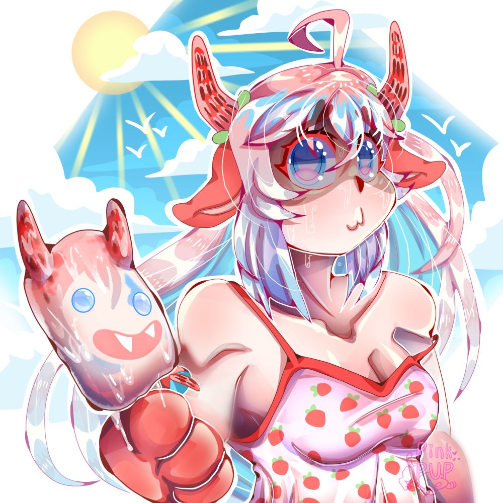 My character Starberry, a strawberry cow themed star person (he has strawberry horns and cow ears and animal arms) holding up a melting ice cream that is meant to represent him. The eyes of the treat are sliding down and it looks goofy, and Starberry is looking stunned/disturbed by the treat. The background is a cloudy but sunny summer day in the shape of a diamond, leaving the rest of the background white. The sun is half on the diamond and half on the white canvas. His long pink hair is slightly moving in a breeze and he is wearing a strawberry patterned dress with one of the straps sliding off the arm not holding the ice cream.