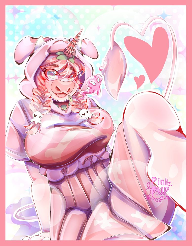 A pink themed character sitting leaned back with a leg propped up. They have a cow nose and tail with a strawberry unicorn horn. They are wearing a dog hoodie, a long pink skirt with upside down bone crosses as decorative print at the ends, and have braided pigtails. They have a leaf in their mouth that is emitting pink smoke in the shape of a skull!