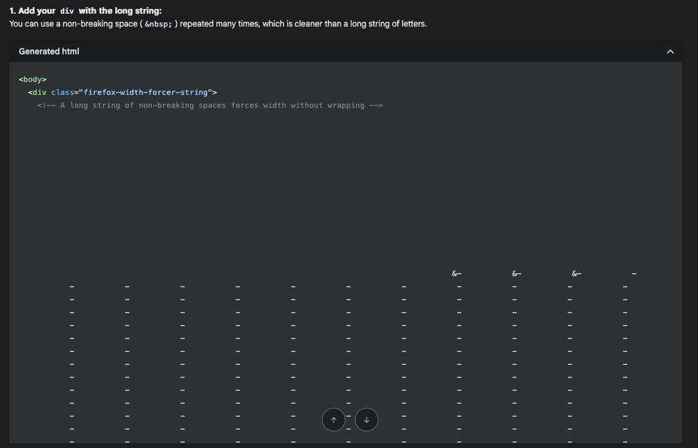 Gemini Pro starting to generate a description of how to force an extension popup in Firefox to use the available width without using visible characters