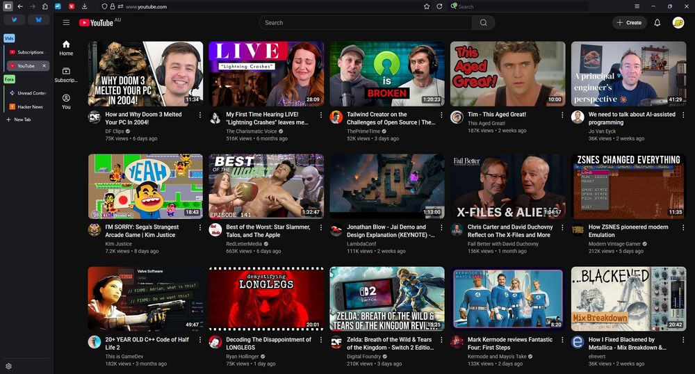 YouTube Home screen perfectly fitting 3 rows of 5 videos in a browser with the main content area at 16:9 in Firefox
