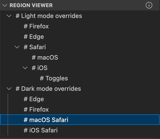 Region Viewer extension panel in VS Code showing the outline of #region areas in a CSS file, with light and dark mode override regions nested by browser