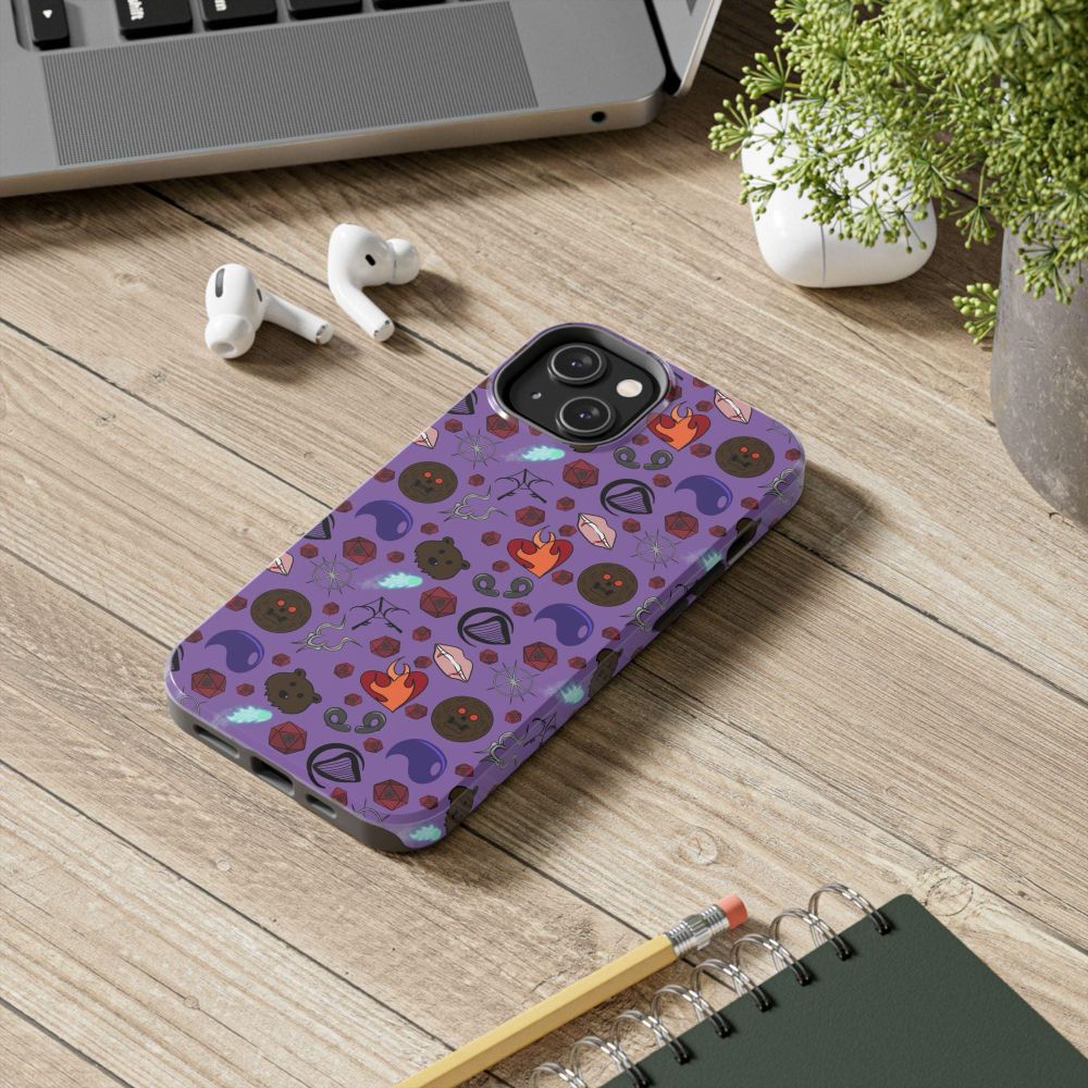 a purple phone case with symbols representing wyll, lae’zel, karlach, shadowheart, astarion, halsin, minthara, the dark urge, jaheira, gale, and minsc, interspersed with red d20s with grey mindflayer tadpoles on the upward-facing side.