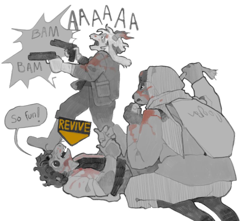 Digital illustration of three furries, depicting them as playing cod: world at war. One is laying on the ground with a revive arrow above them, injured, saying: "so fun!"
One sits next to them fidgeting with bandages, looking displeased. The last one is seen in the background, yelling and shooting.