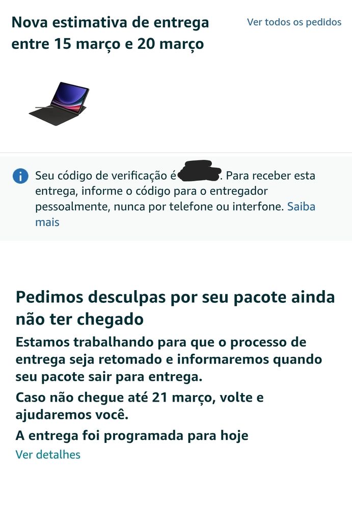 Captura de tela informando que a entrega ficou prevista até o dia 20 de março. 