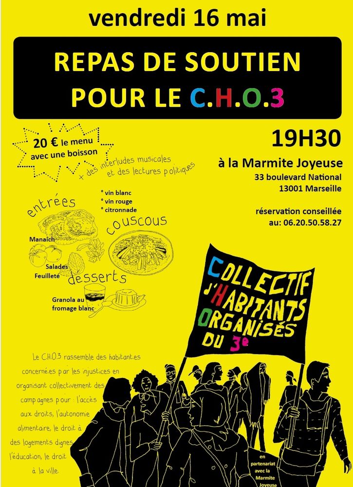 Affiche mentionnant : vendredi 16 mai, repas de soutien pour le C.H.O.3 à 19h30 à ma Marmite Joyeuse avec un descriptif du menu et des animations 