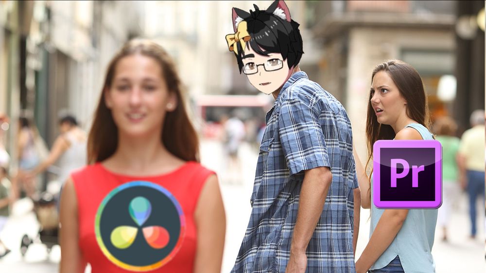 Using the distracted boyfriend meme template.
Where a guy in a light blue checkered shirt turns to look at a woman in a red shirt with his girlfriend (in a close to light skyblue shirt) staring at him disgusted.

The guy's face has been replaced with JoCat's (png) head.
The lady in red has a DaVinci Resolve logo on her shirt.
The Girlfriend has a Premiere Pro Logo over her upper arm and body.