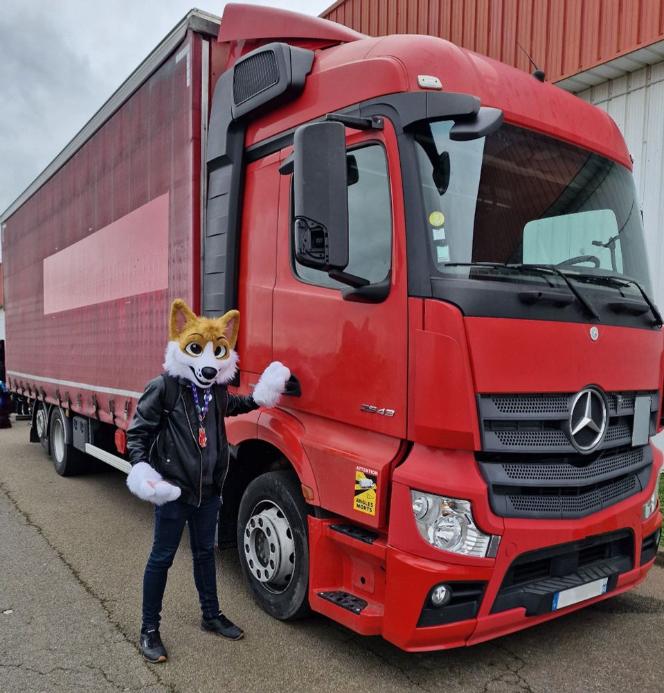 Une personne en fursuit de corgi se tenant près d'un camion rouge.

One person in corgi fursuit standing by red truck.
