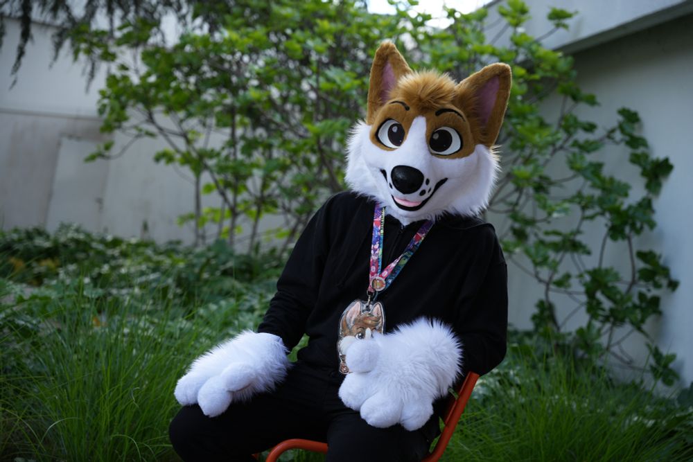 Un homme portant un costume de corgi (fursuit) est assis sur une chaise à l'extérieur. Le personnage regarde l'objectif avec un air enjoué et semble prêt à expliquer ou à présenter quelque chose.

A man wearing a corgi costume (fursuit) is sitting on a chair outside. The character is looking at the camera with a playful expression and seems ready to explain or present something.