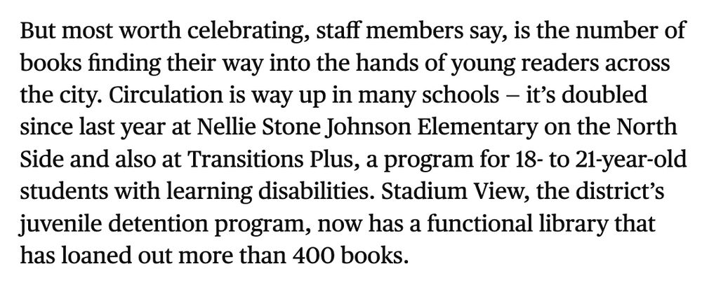 Paragraph excerpted from Minnesota Star Tribune article: "But most worth celebrating, staff members say, is the number of books finding their way into the hands of young readers across the city. Circulation is way up in many schools — it’s doubled since last year at Nellie Stone Johnson Elementary on the North Side and also at Transitions Plus, a program for 18- to 21-year-old students with learning disabilities. Stadium View, the district’s juvenile detention program, now has a functional library that has loaned out more than 400 books."