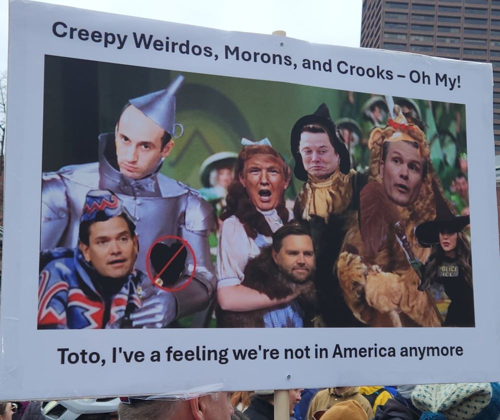 A sign reading "Creepy weirdos, morons, and crooks - oh my! Toto, I have a feeling we're not in America anymore." It depicts various administration members as Wizard of Oz characters. Trump is Dorothy, JD Vance is the dog (lol), Musk is the Scarecrow, Stephen Miller is the Tin Man, Pete Hegeseth is the Cowardly Lion, and Kristi Noem is the Wicked Witch. Marco Rubio is also there but I'm not sure who he's supposed to be?