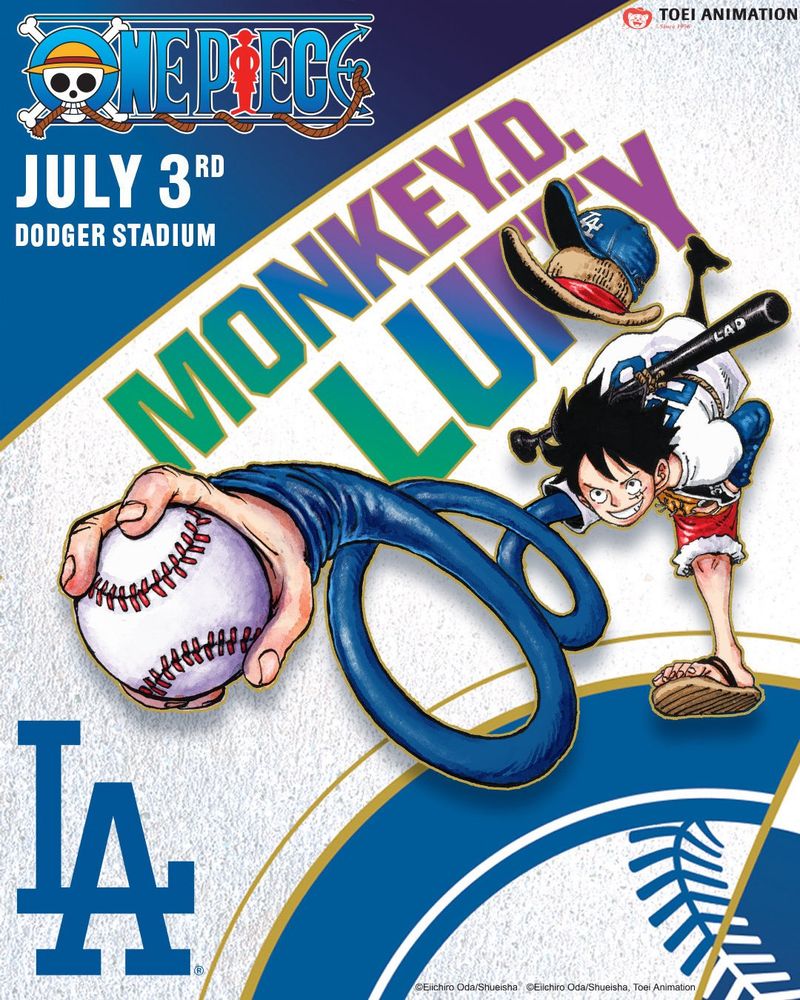 Monkey D Luffy from One Piece dressed in a Los Angeles Dodgers uniform throwing a baseball. A huge LA logo is in the bottom left corner