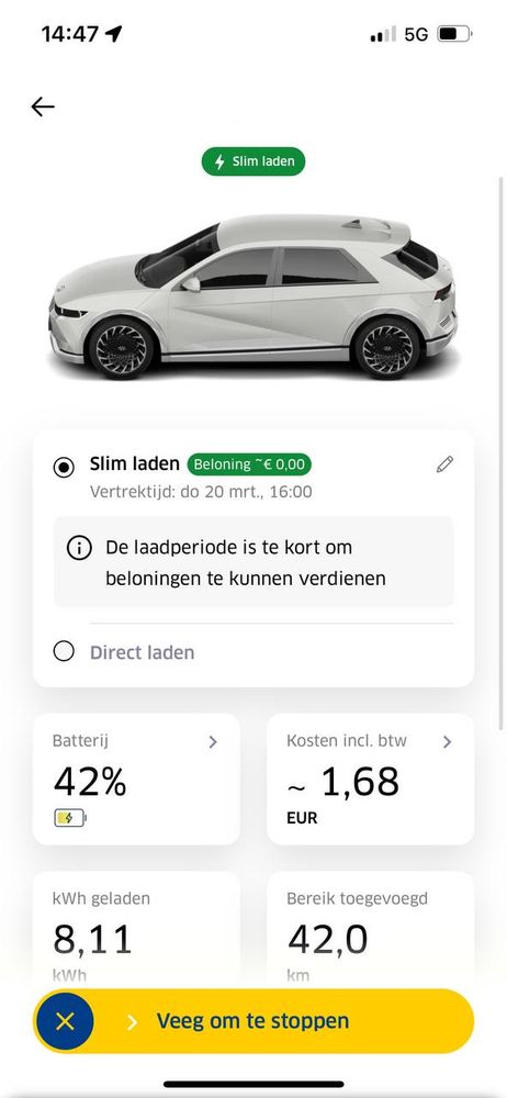 screenshot uit ANWB Laadapp, uit post. Vul hier jouw vertrektijd in en wij berekenen de goedkoopste laadmomenten. Hiermee verdien jij geld.