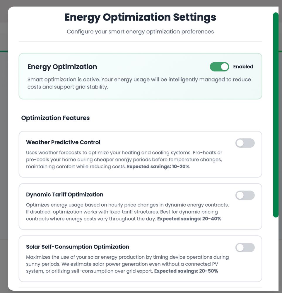 Setting different optimisation inputs:
- Weather predictive control
- Dynamic tariff optimisation
- Solar self-consumption optimisation
- Flexibility trading programme