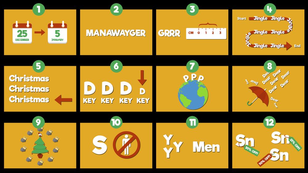 A 4x3 grid of Christmas themed "Dingbats", the answers of which are as follows:

1. 12 days of Christmas
2. Away in a manger
3. Grinch
4. Jingle all the way
5. Last Christmas
6. Little donkey
7. Peace on Earth
8. Reindeer
9. Rocking around the Christmas tree
10. Snowman
11. Three wise men
12. Tinsel (Tin-sale. Tinsale. Tinsel. You're welcome)

Merry Christmas!