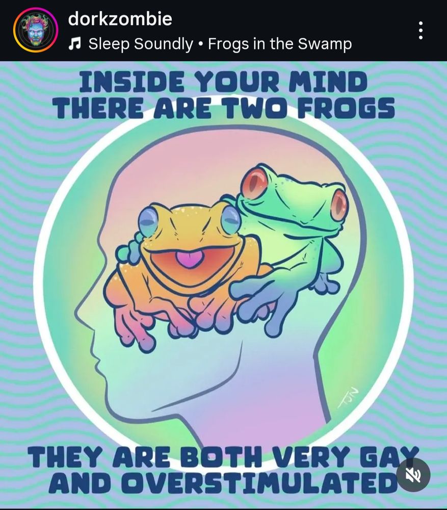 Art image by dorkzombie on Instagram there is side profile of a head with pink and blue shading inside and two frogs. One frog is orange with mouth open and blue eyes, the other is green with red eyes and around the head is a white circle. There is text above with the words inside your mind there are two frogs and text below is they are both very gay and overstimulated 