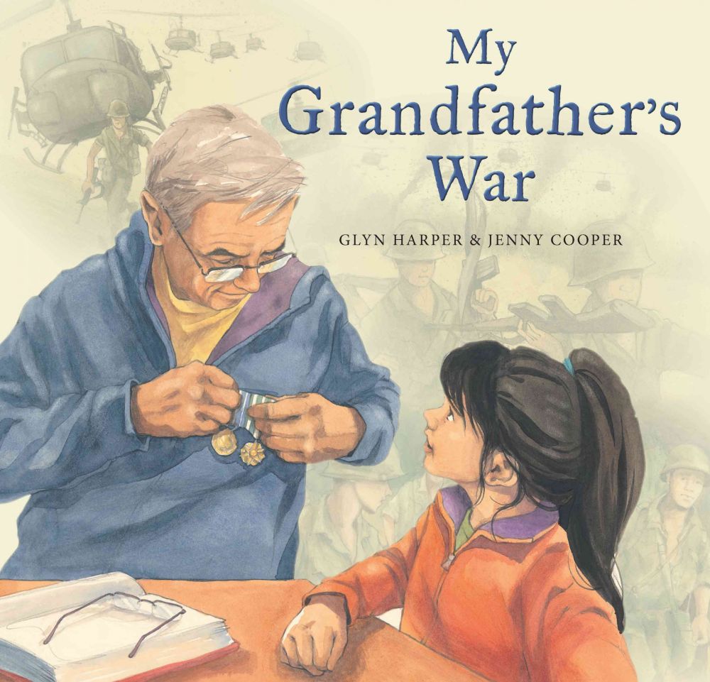The cover of a book called “My grandfather’s war” in which an old Vietnam vet shows his medals to a young girl.