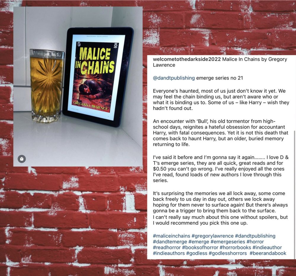Picture of a glass of beer and ereader with the cover of "Malice in Chains", showing a bleeding man lying on the asphalt. There is also the text of the full review, the gist of which is quoted in the post
