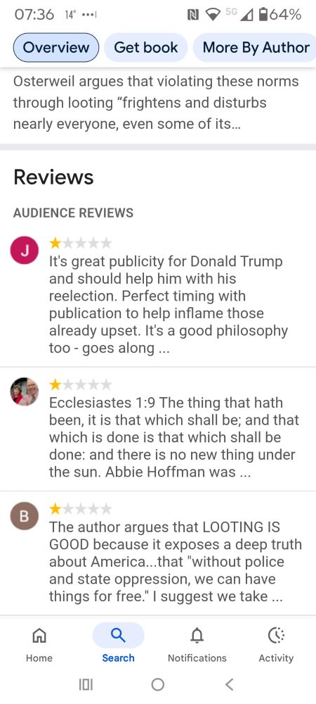 Screenshot showing only 1 star reviews in Google search results for "In Defense of Looting" by Vicky Osterweil.

