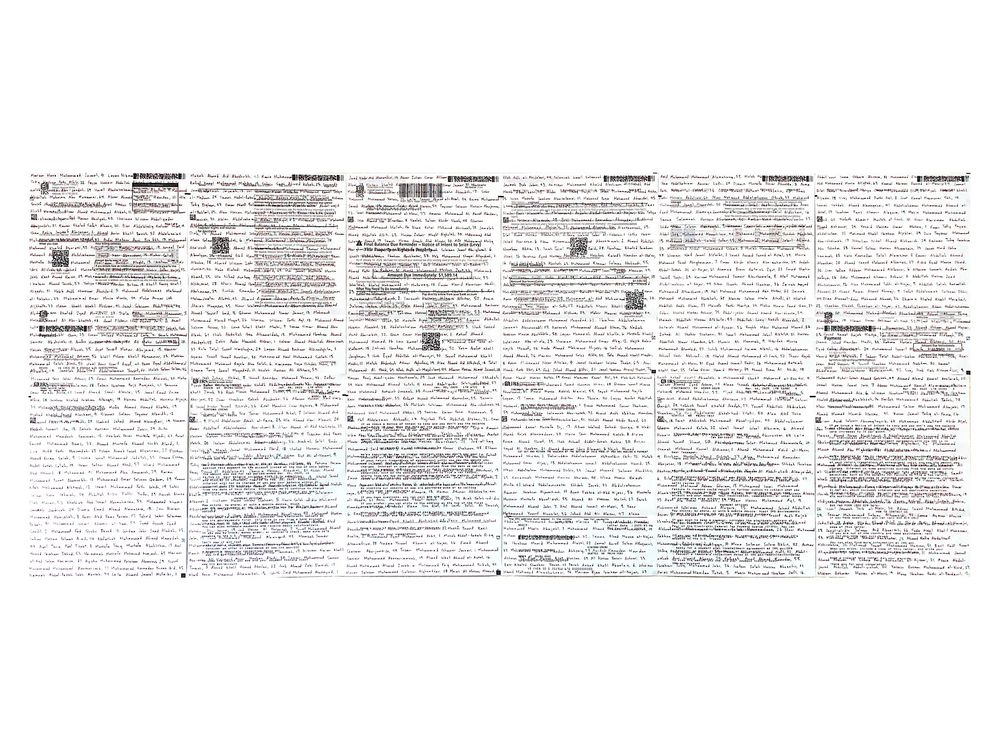 Twelve pages of letters from the IRS demanding payment. The names of hundreds of murdered Palestinians are written over each page. 