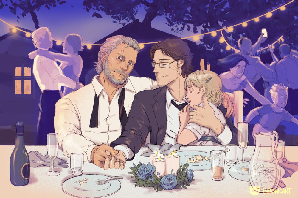 post-MGS4 wedding scene, with Snake partially recovered from his premature aging (I forgot to draw his burn scars but they're supposed to be there or let's pretend that whatever cure they found fixed those too)- He is sitting at a cluttered table with cake leftovers, caressing Otacon's fingers and keeping his other arm around his shoulders. They're both wearing wedding bands and looking at their joined hands with quiet affection. Sunny is asleep in Otacon's arms. Behind them, their garden at night, decorated with strings of lightbulbs; Meryl and Johnny are dancing a slow dance together, Rosemary is chasing little Jack around the yard, and Mei Ling is taking a selfie with the other two huge guys from Meryl's Rat Patrol.